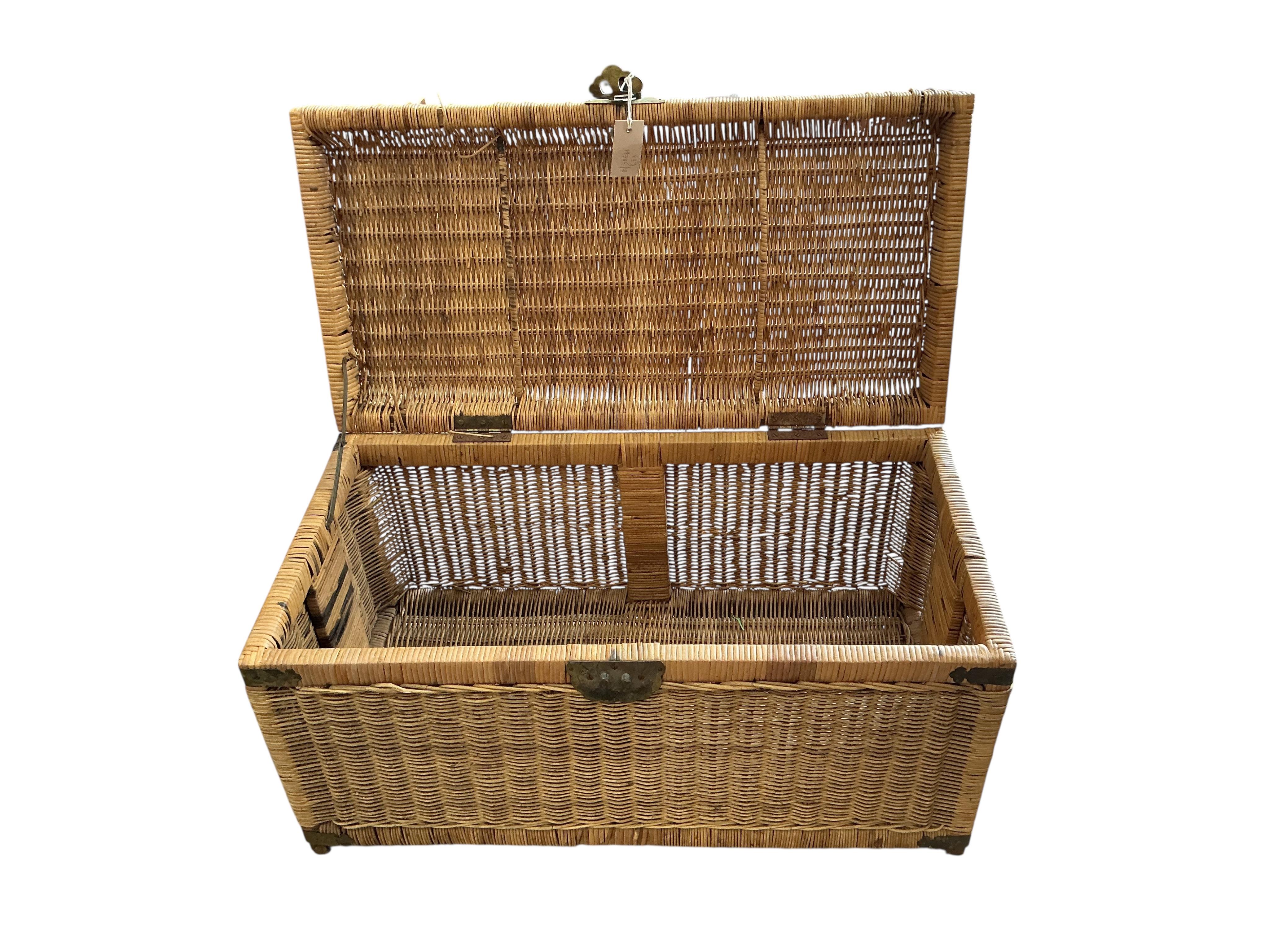 A Victorian rectgangular pine trunk, width 94cm, depth 50cm, height 47cm together with a later smaller Chinese rattan trunk